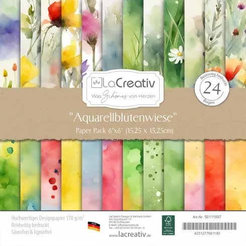 LaCreativ - Designpapier "Aquarellblütenwiese" Paper Pack 6x6" - 24 Bogen