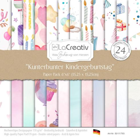 LaCreativ - Designpapier "Kunterbunter Kindergeburtstag" Paper Pack 6x6" - 24 Bogen