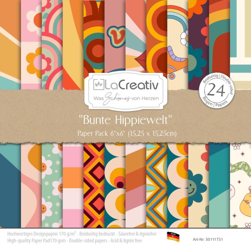 LaCreativ - Designpapier "Bunte Hippiewelt" Paper Pack 6x6" - 24 Bogen