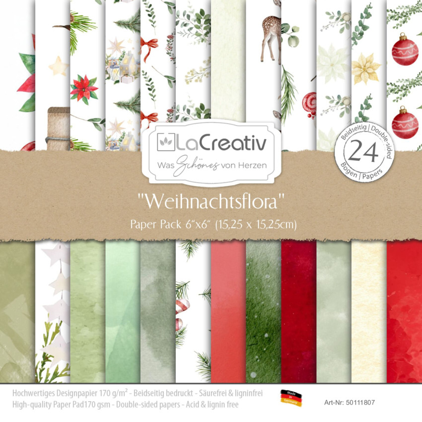 LaCreativ - Designpapier "Weihnachtsflora" Paper Pack 6x6" - 24 Bogen