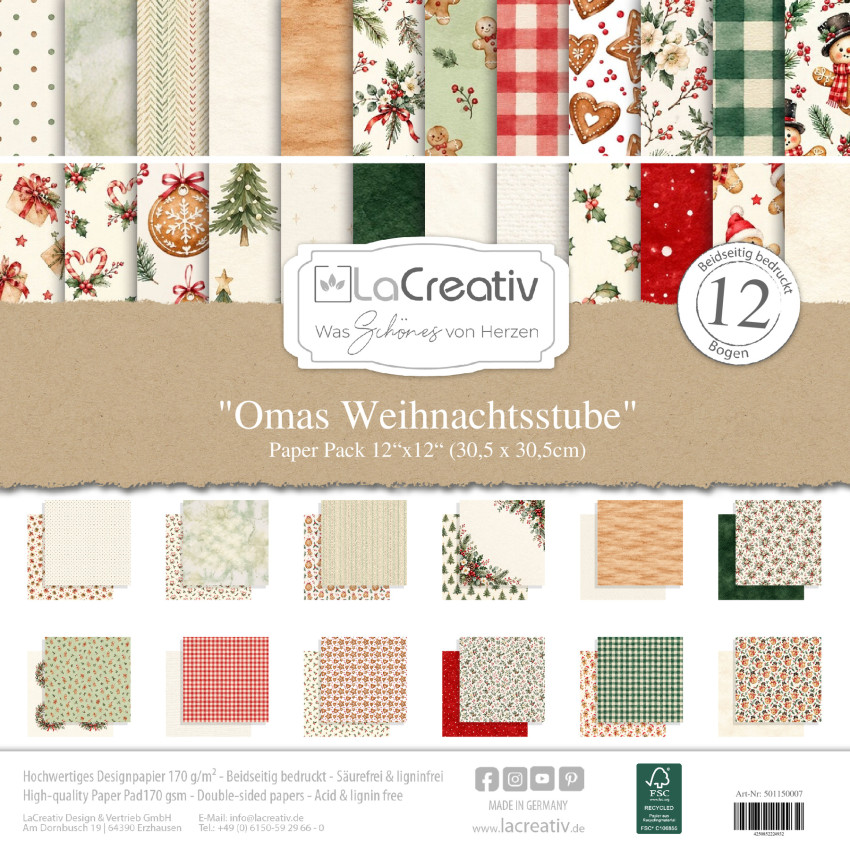 LaCreativ - Designpapier "Omas Weihnachtsstube" Paper Pack 12x12" - 12 Bogen